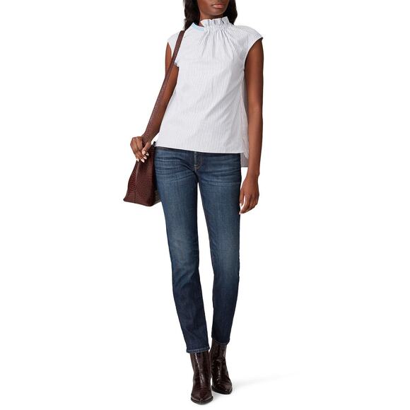 TEIJA White Blue Pinstriped Cotton Striped Roundneck Top Size Extra Small - Picture 1 of 11